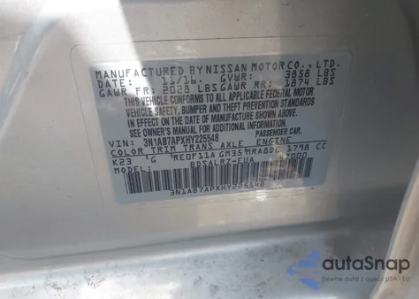 2017 Nissan Sentra Sr from USA, damaged, VIN 3N1AB7APXHY225548